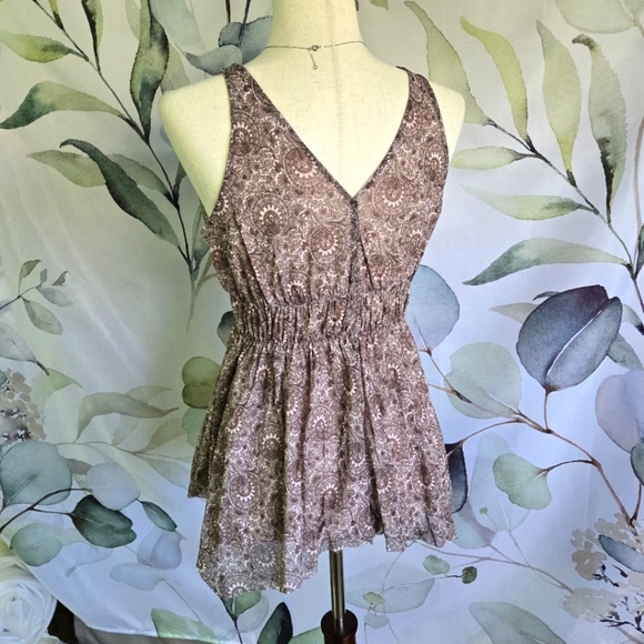 MICHAEL KORS | Floral Paisley Sleeveless Top In Taupe/Purple/Brown sz S - Picture 4 of 9